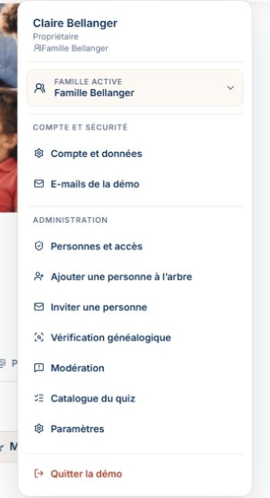 Menu d’administration : Personnes et accès, Ajouter une personne, Inviter une personne, Vérification généalogique et Paramètres