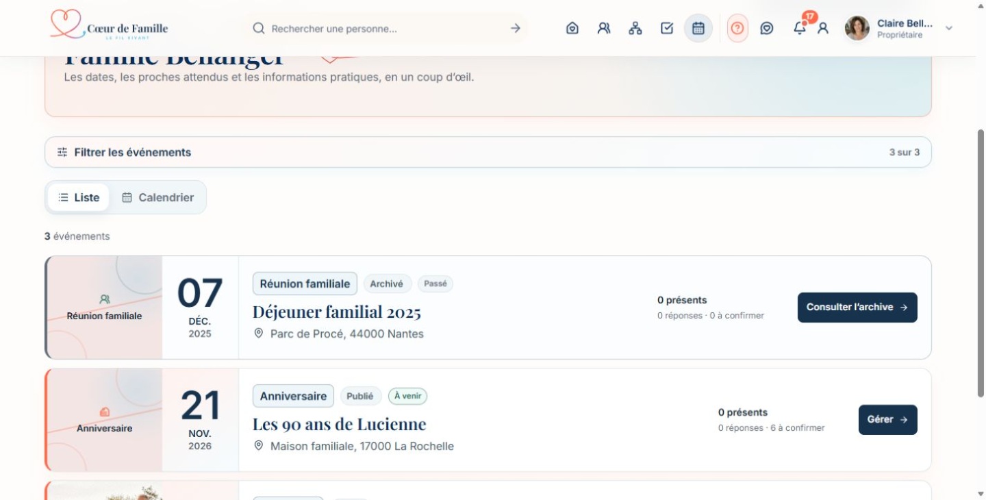 Capture de la liste et de la vue calendrier des événements dans Cœur de Famille.