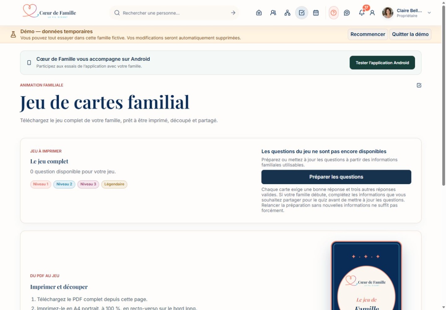 Capture de la page du jeu de cartes familial dans Cœur de Famille.