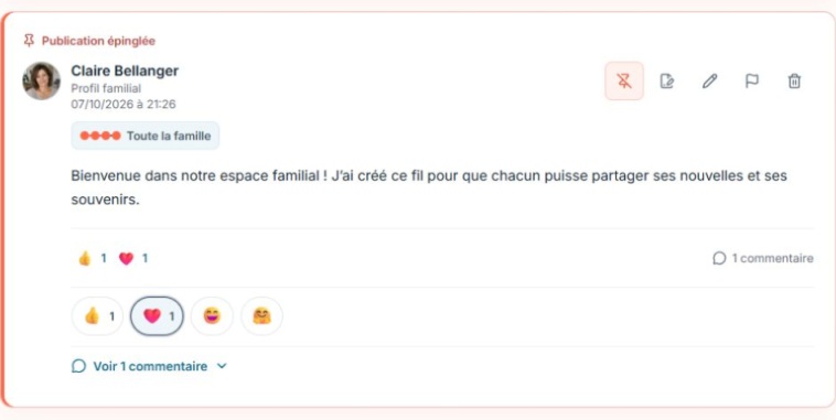 Exemple fictif d’une publication dans le fil familial.