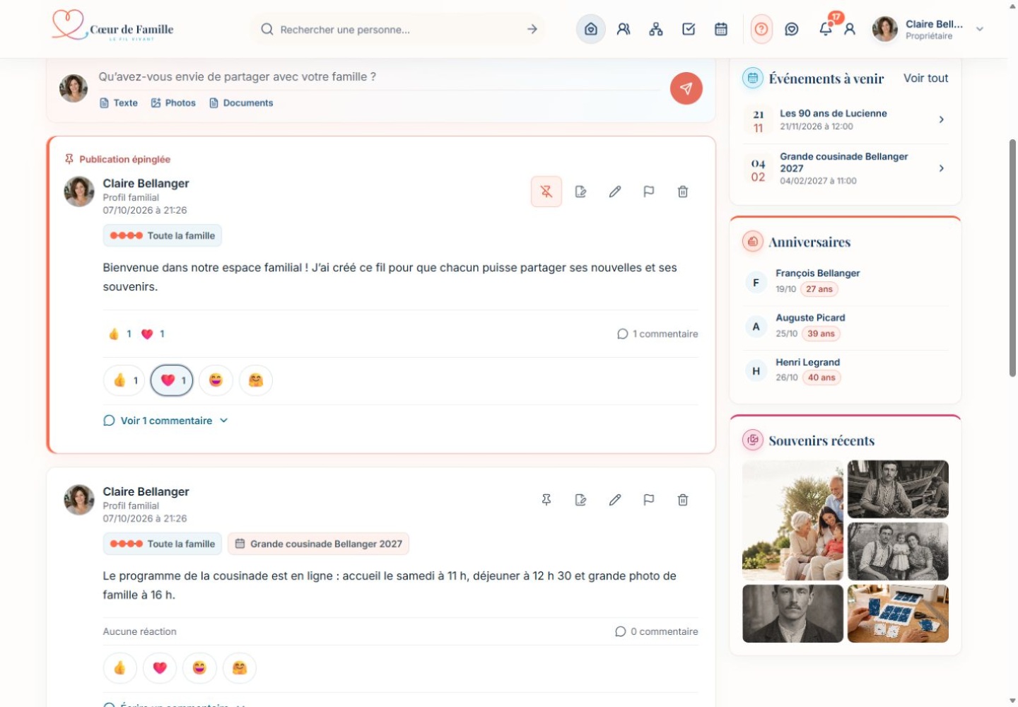 Vue réelle du fil familial de Cœur de Famille