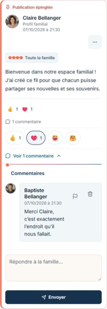 Claire partage une publication avec toute la famille fictive Bellanger