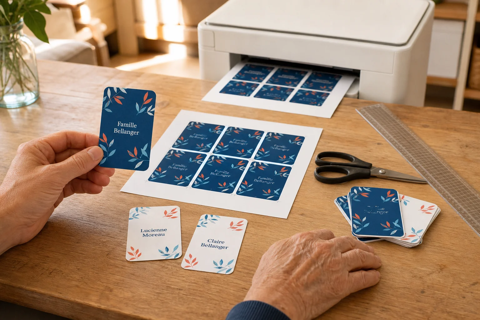 Cartes de quiz fictives Bellanger imprimées et découpées sur une table
